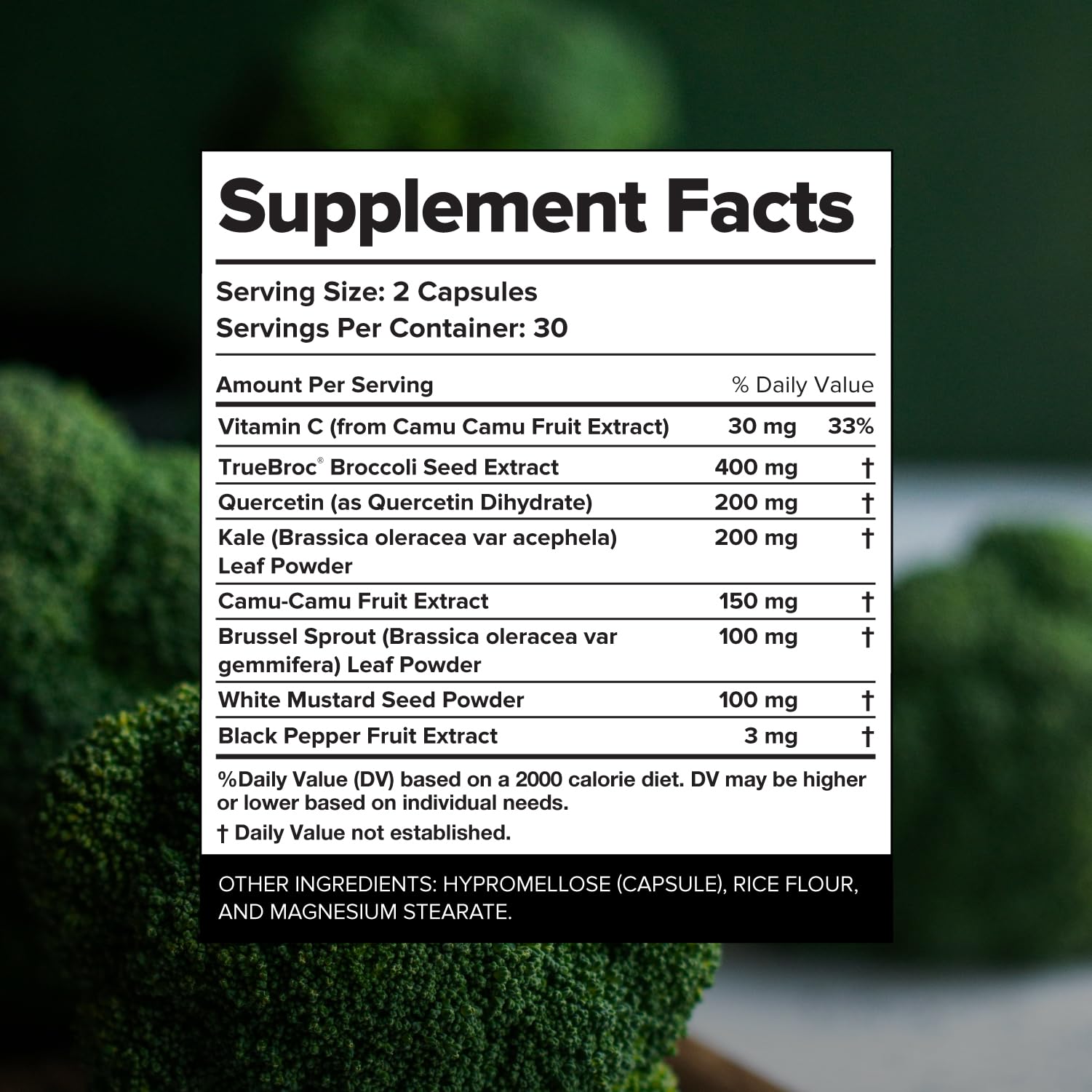 Complement Sulfora label close-up displaying glucoraphanin content for potency
