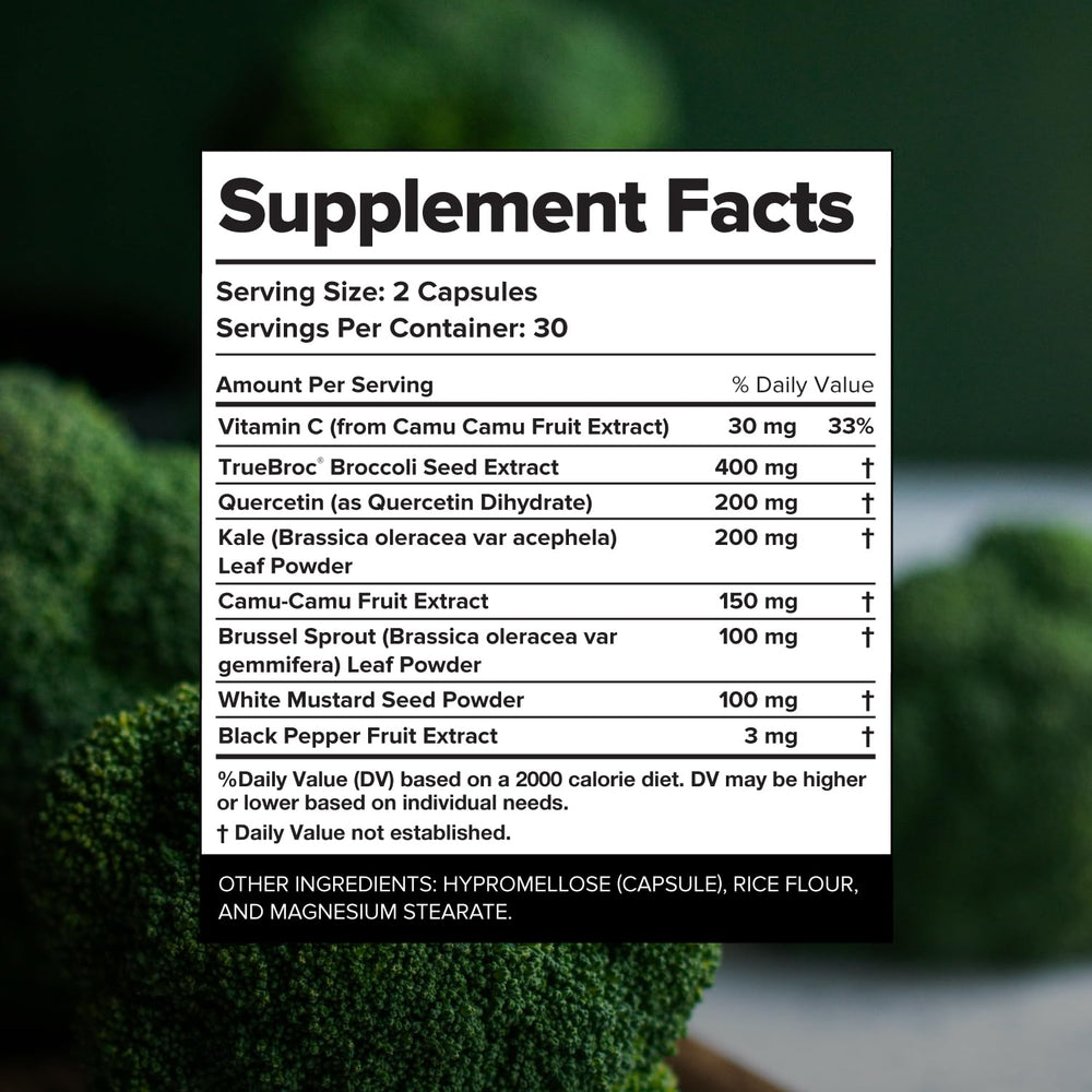 Complement Sulfora label close-up displaying glucoraphanin content for potency