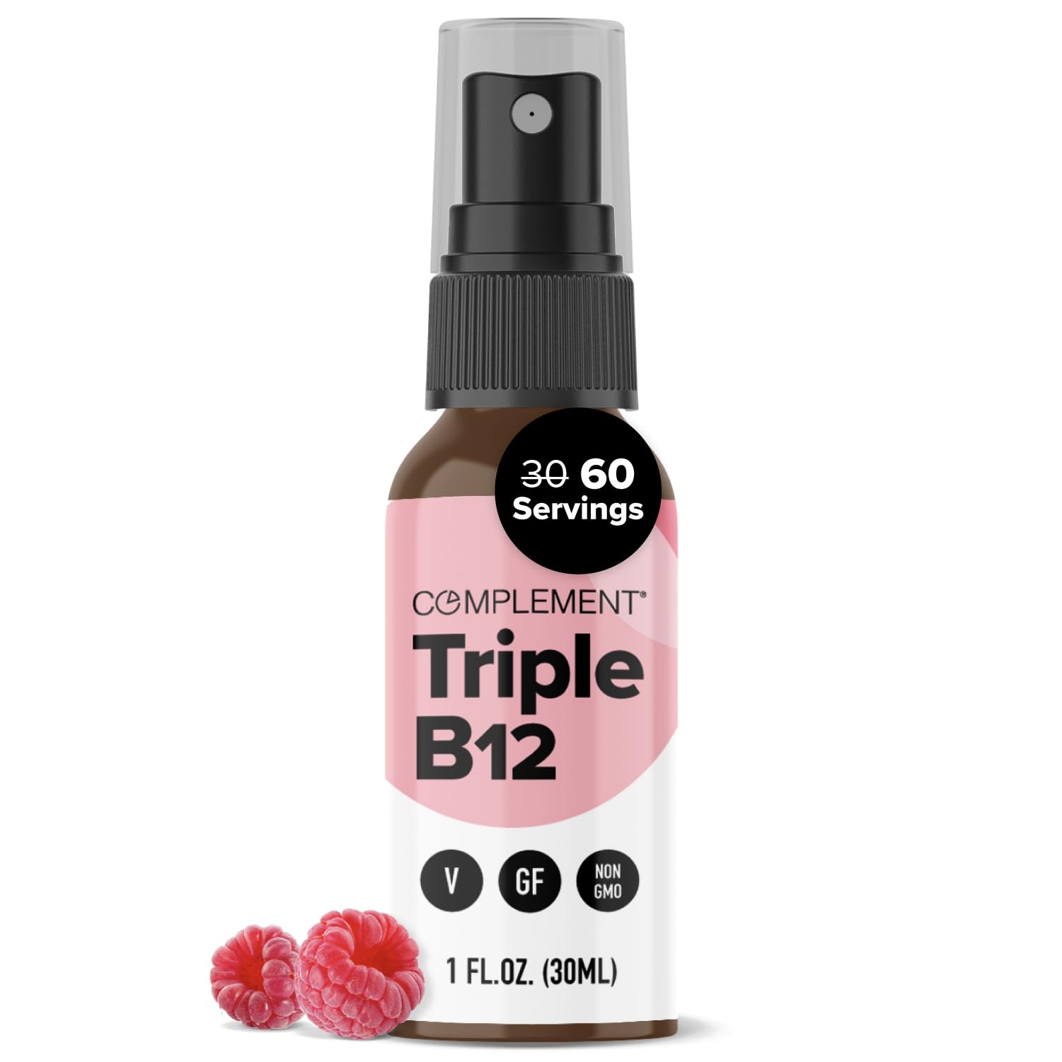 Complement Triple B12 raspberry bottle with sprayer.