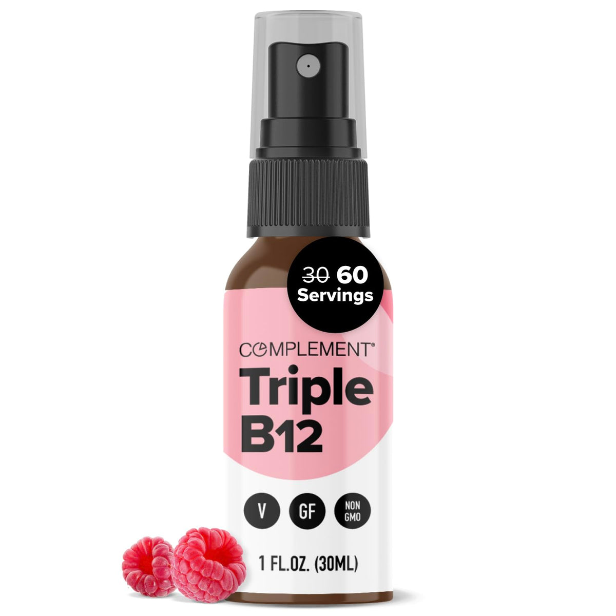 Complement Triple B12 raspberry bottle with sprayer.