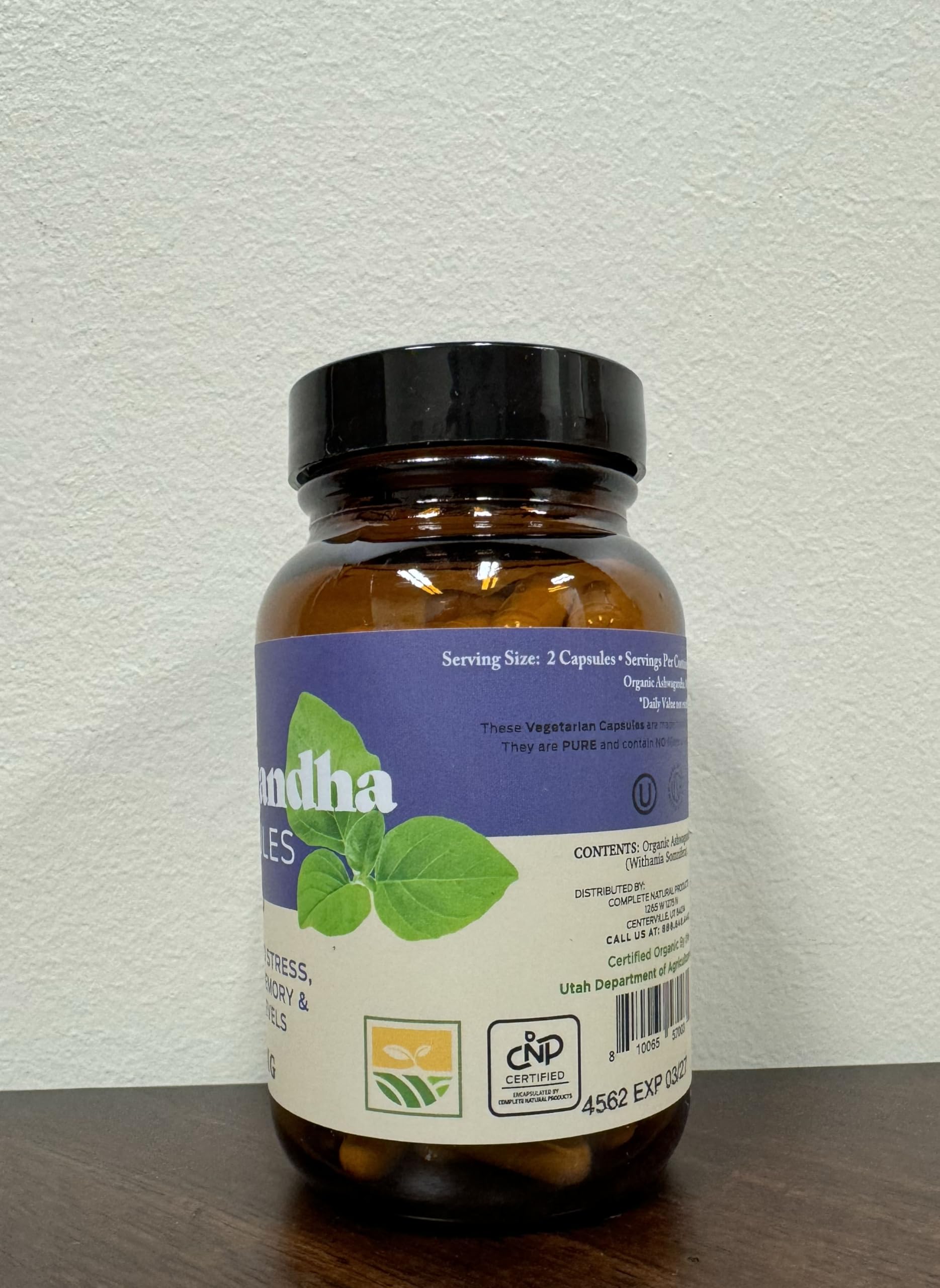 Complete Natural Ashwagandha capsules in glass bottle for mood support