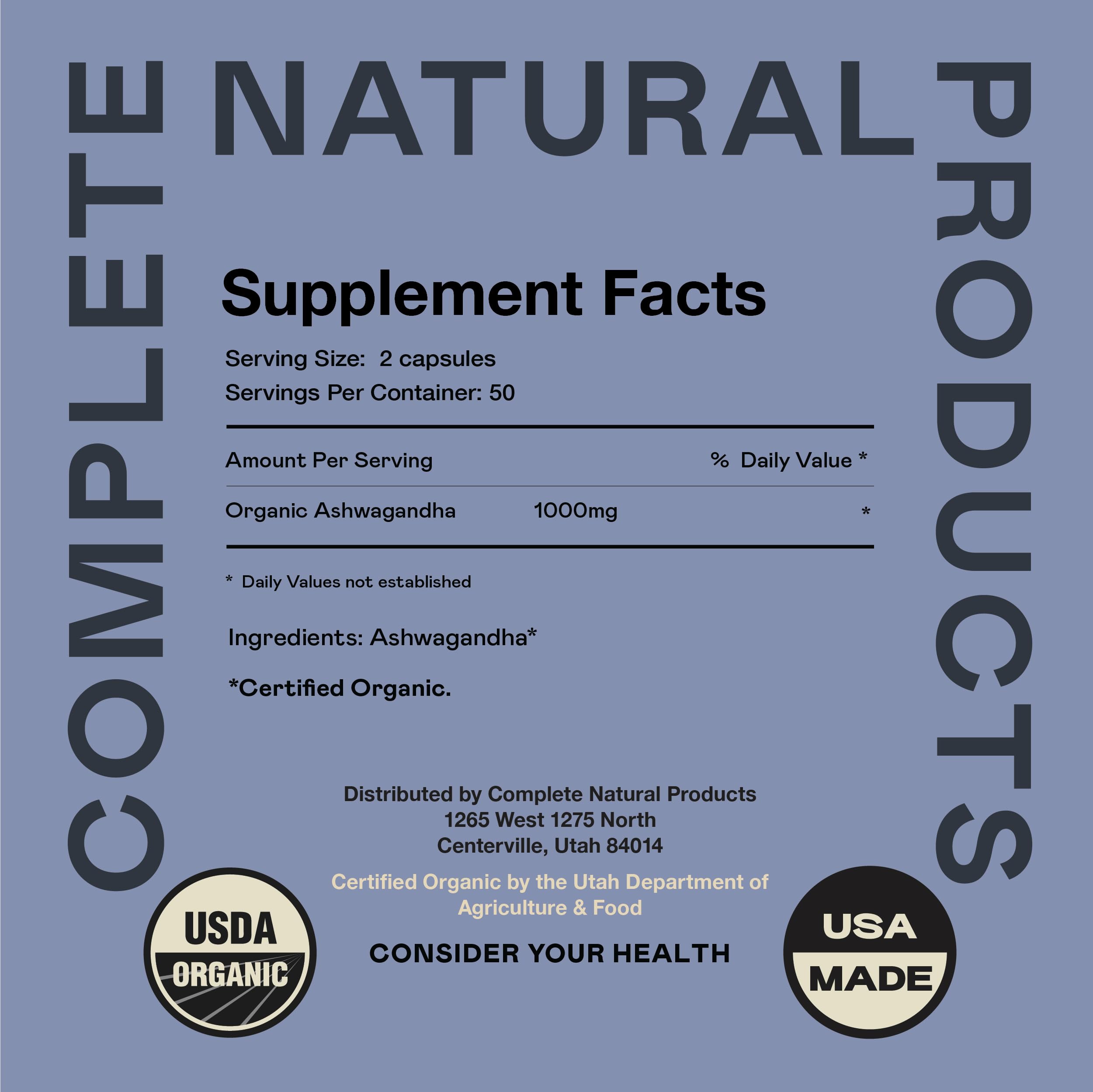Complete Natural Ashwagandha capsules pack close-up for stress relief