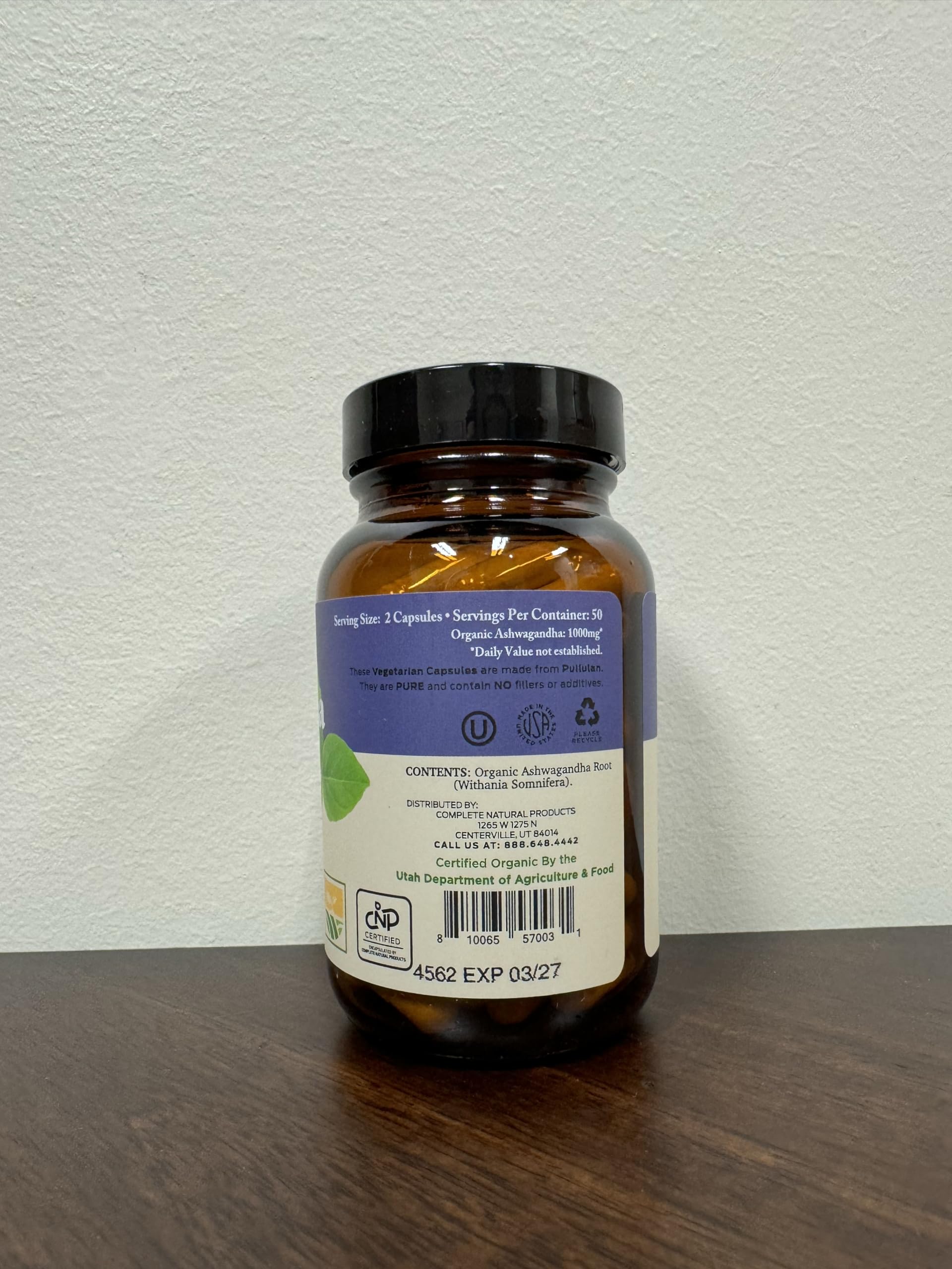 Complete Natural Ashwagandha label highlights vegan non-GMO formula