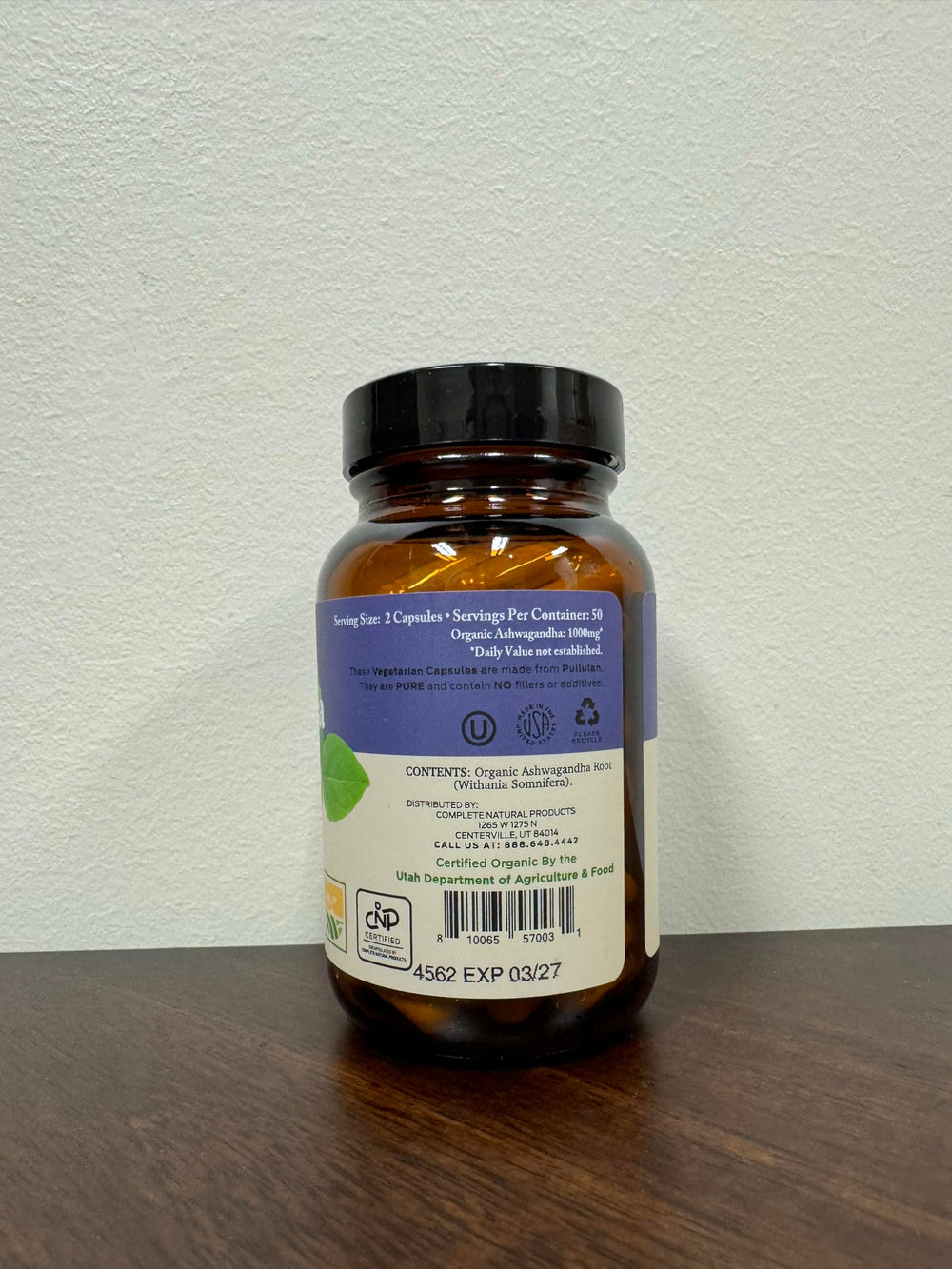 Complete Natural Ashwagandha label highlights vegan non-GMO formula