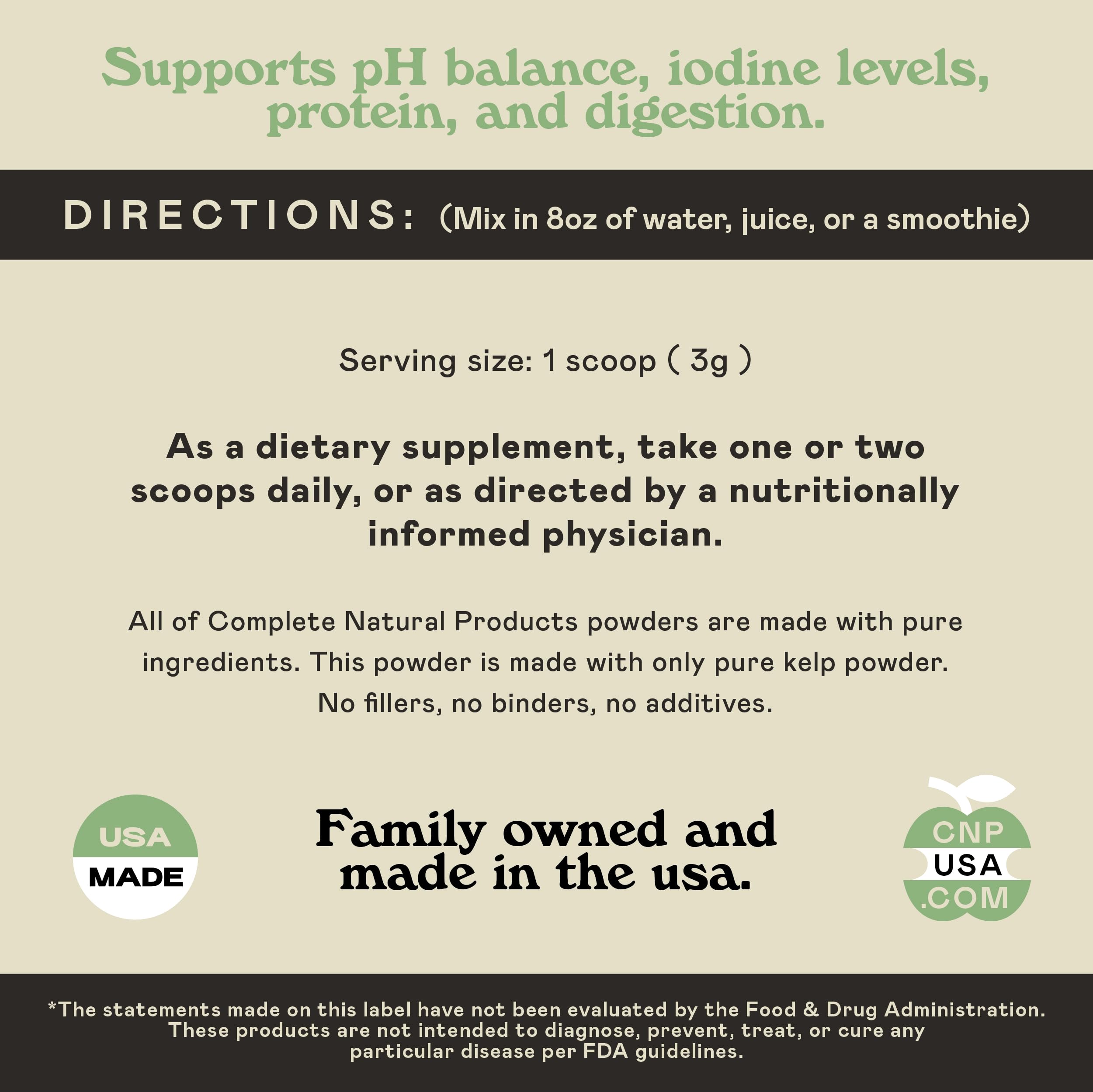 Complete Natural Kelp Powder measuring spoon indicating convenient serving sizes.