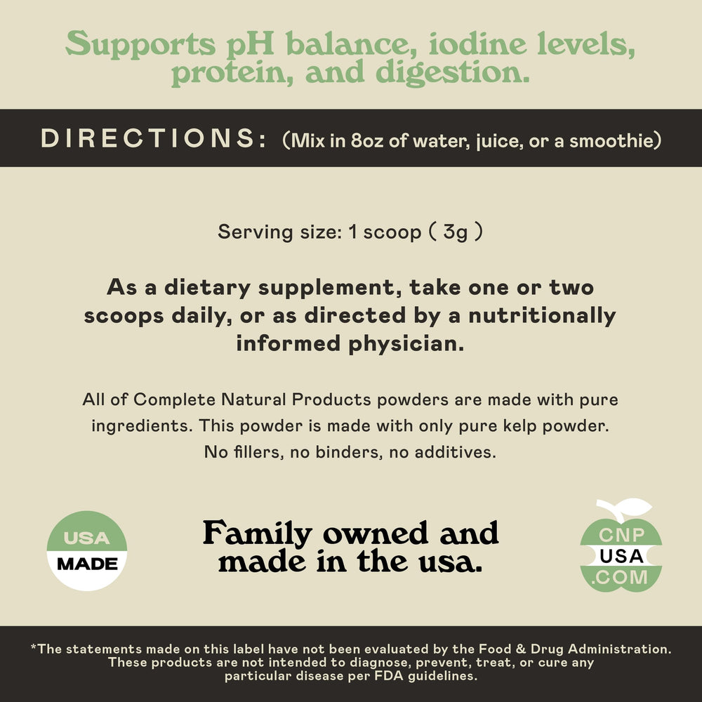 Complete Natural Kelp Powder measuring spoon indicating convenient serving sizes.