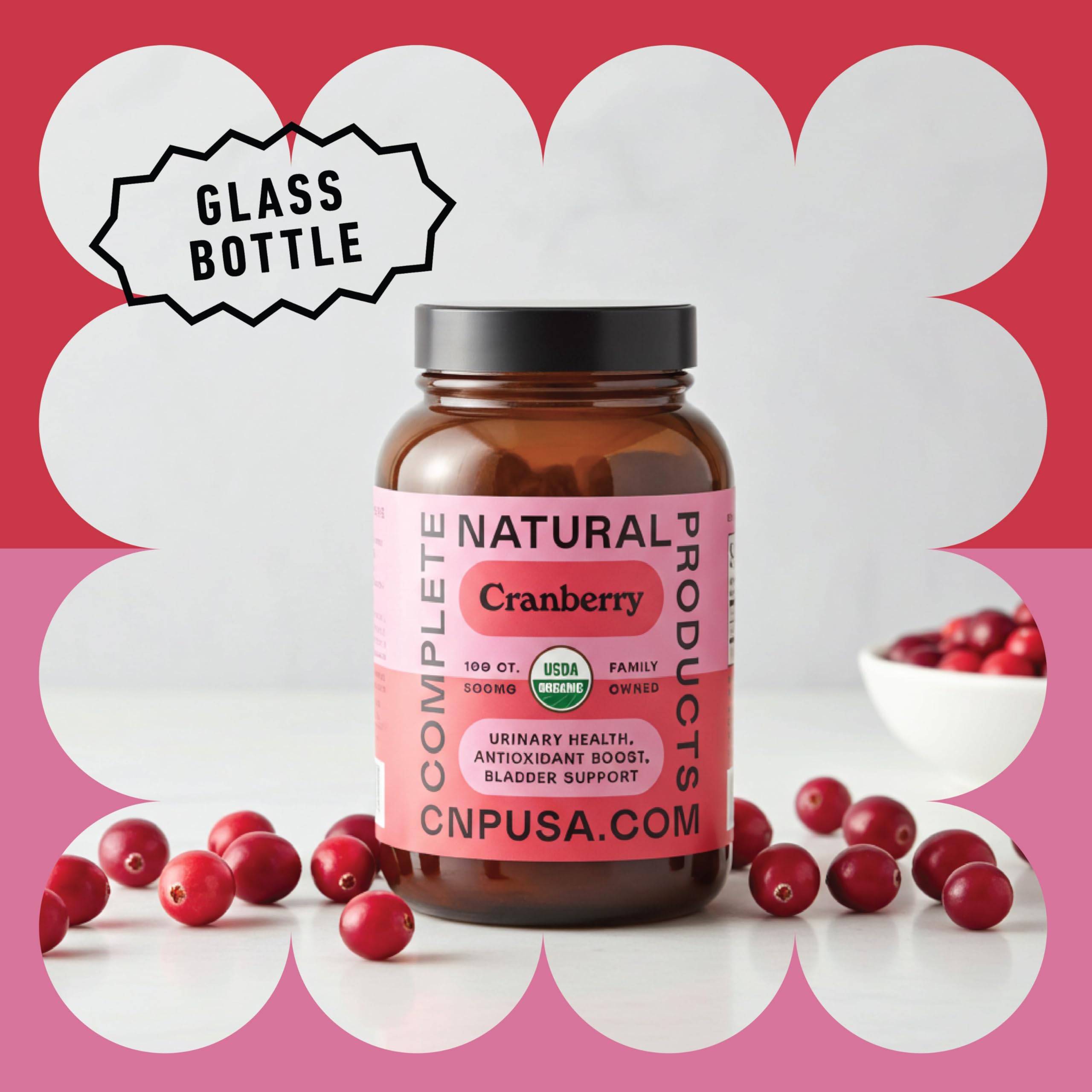 Complete Natural Cranberry Capsules sugar-free label highlights organic ingredients