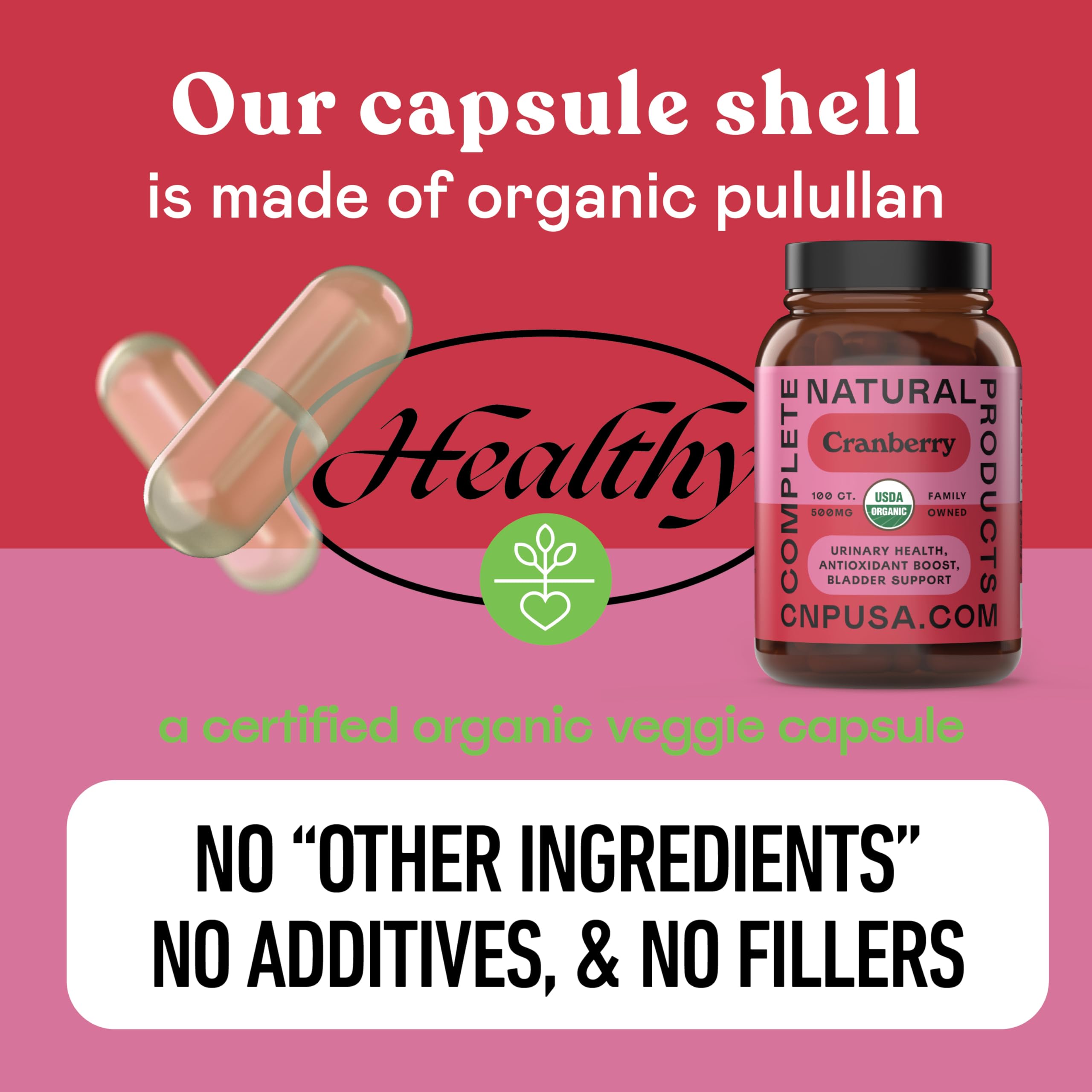 Complete Natural Cranberry Capsules organic certification seal conveys trust