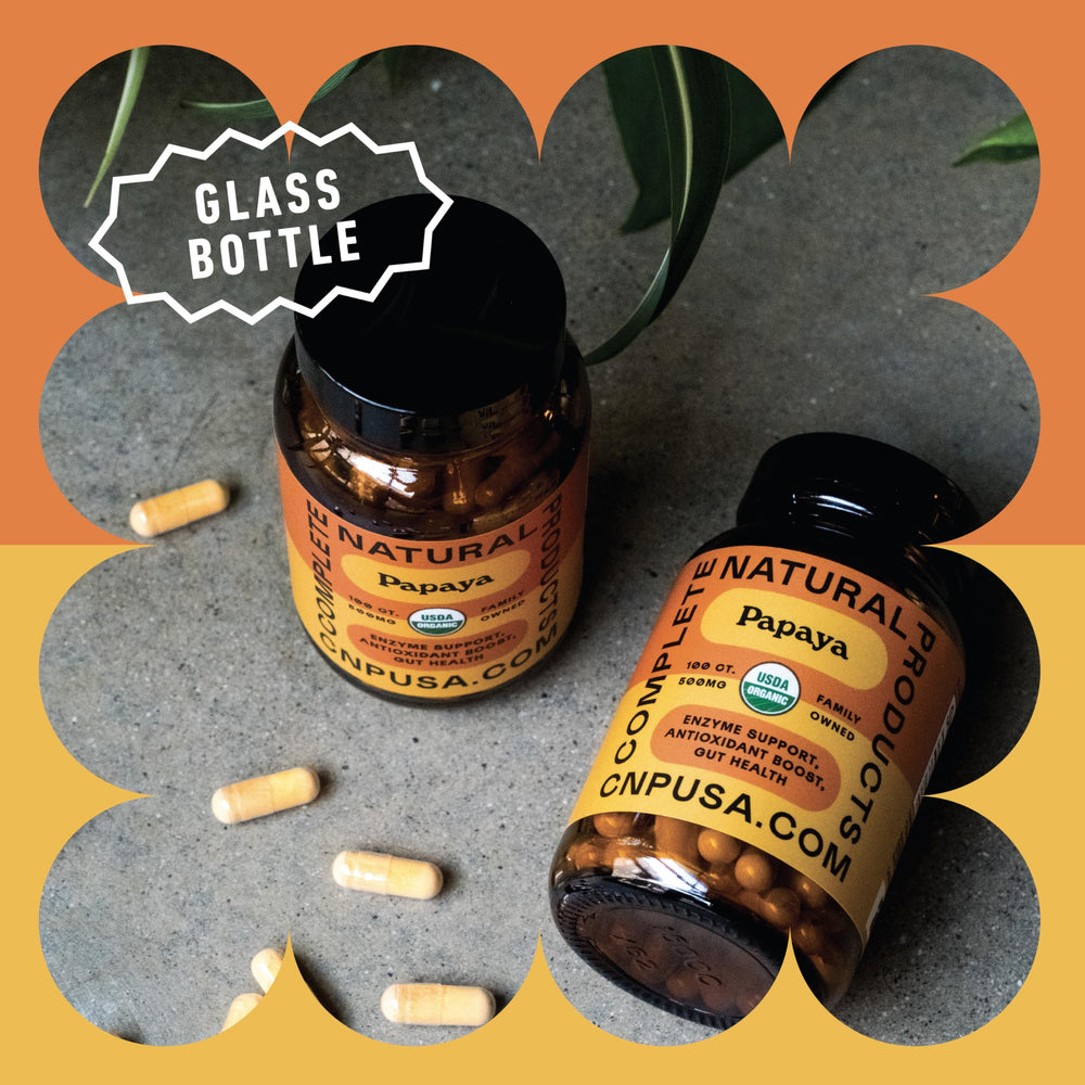 Complete Natural Papaya Enzyme Capsules closeup of capsules in packaging