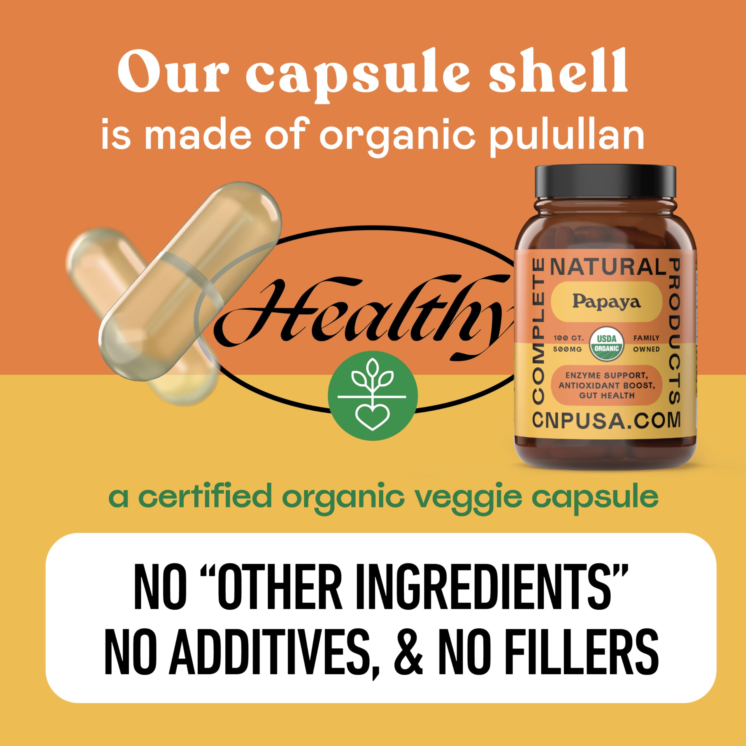 Complete Natural Papaya Enzyme Papain closeup emphasizing natural enzyme content