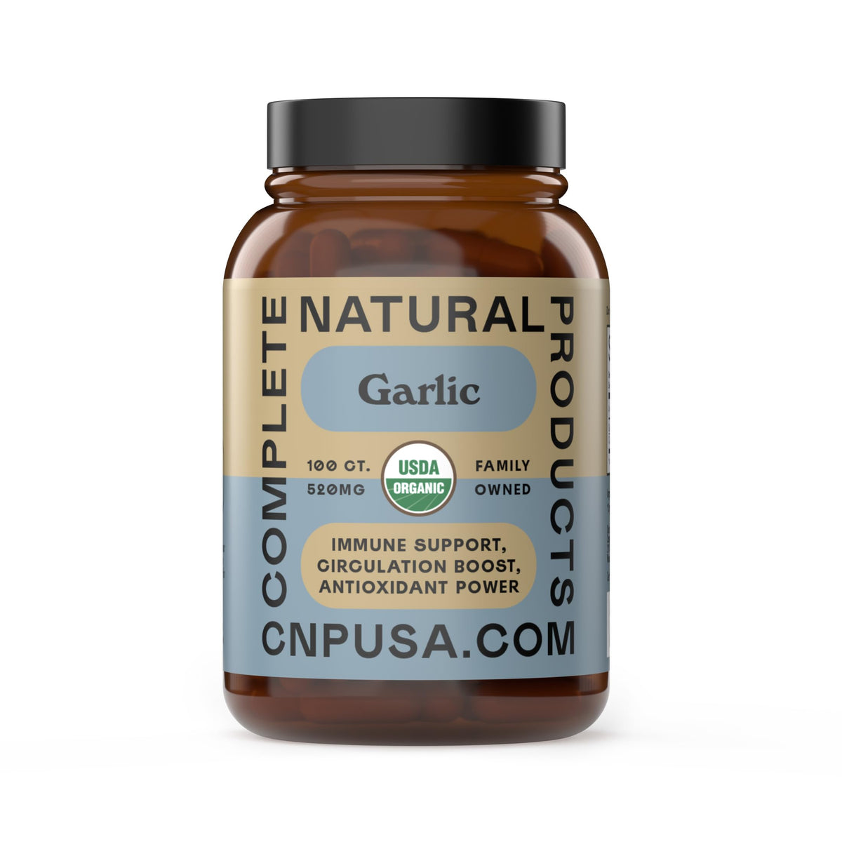 Complete Natural Products Ajo Orgánico: caja de cápsulas 520 mg para uso diario y saludable.