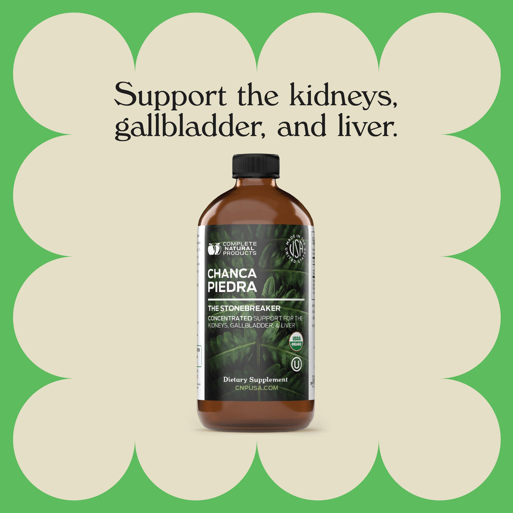 Complete Natural Products Chanca Piedra Concentrate bottle on kitchen counter for daily use.