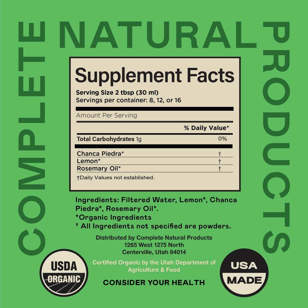 Complete Natural Products Chanca Piedra Concentrate clear liquid ready for supplementation.