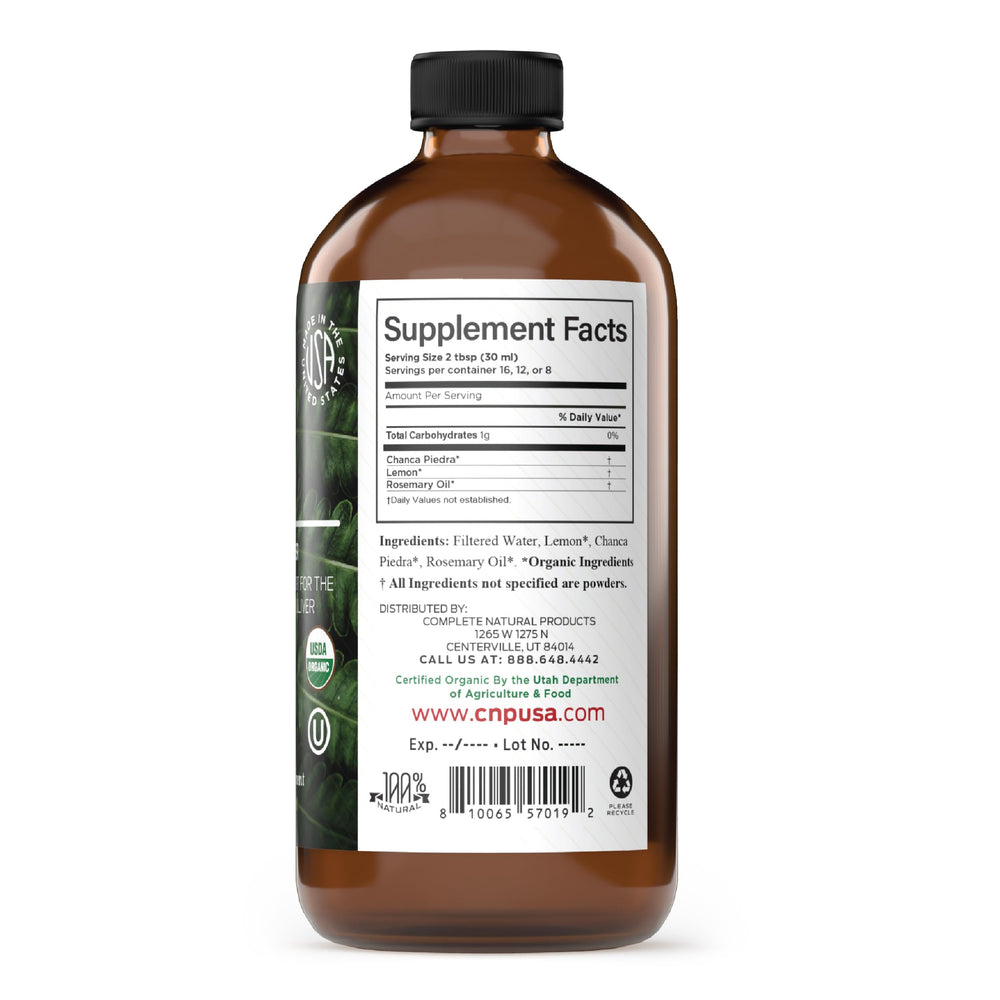 Complete Natural Products Chanca Piedra Concentrate label closeup highlighting organic, lab-grade quality.