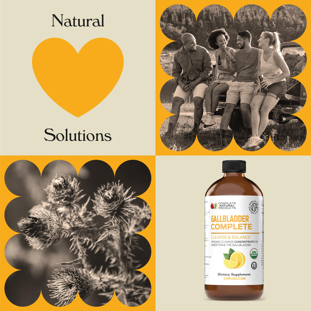 Complete Natural Products Lemon and Hibiscus visuals—bright colors suggest refreshing, stomach-friendly properties.