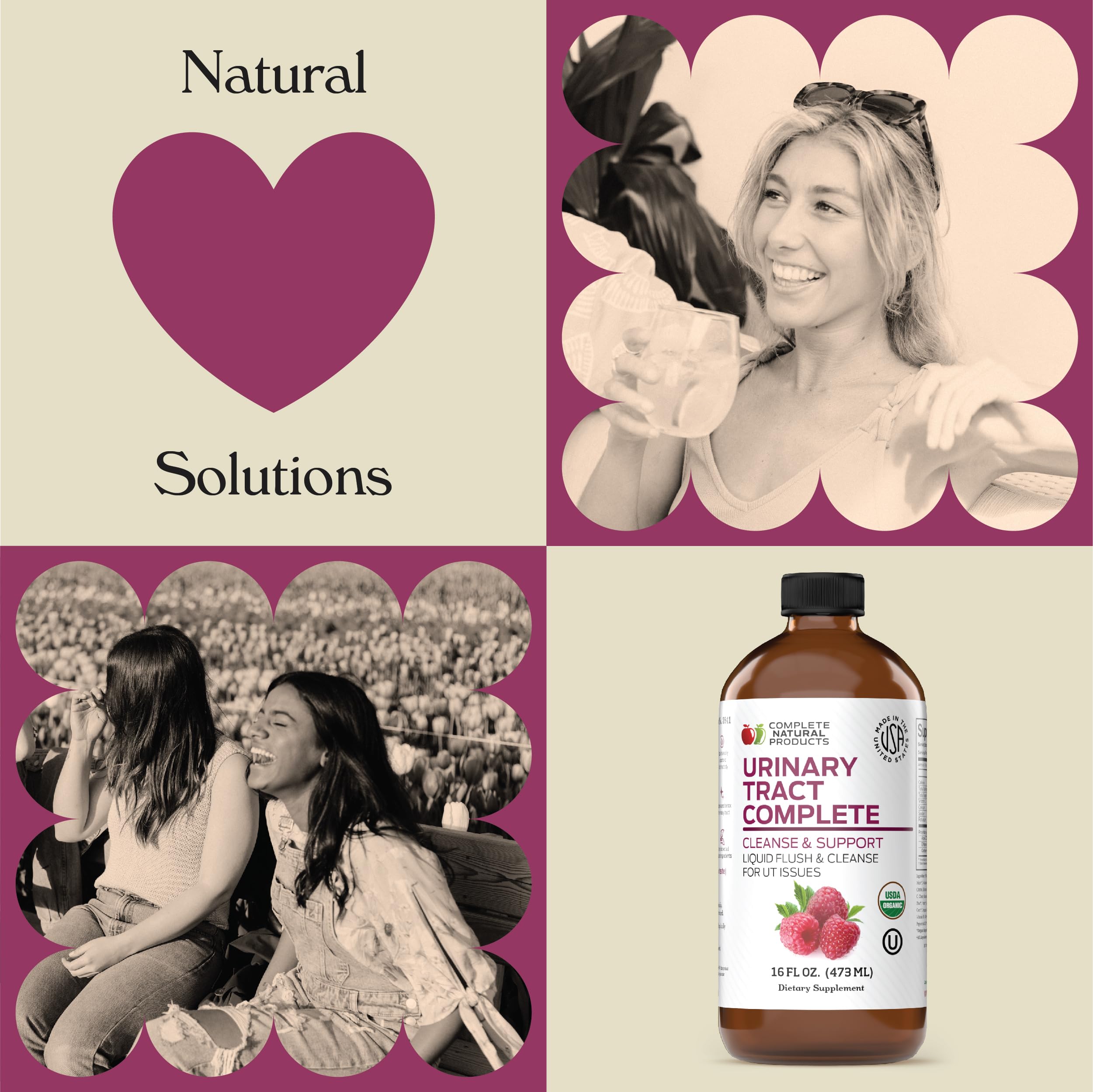 Complete Natural Urinary Tract Complete ingredients visual highlights cranberry and herbs for daily support