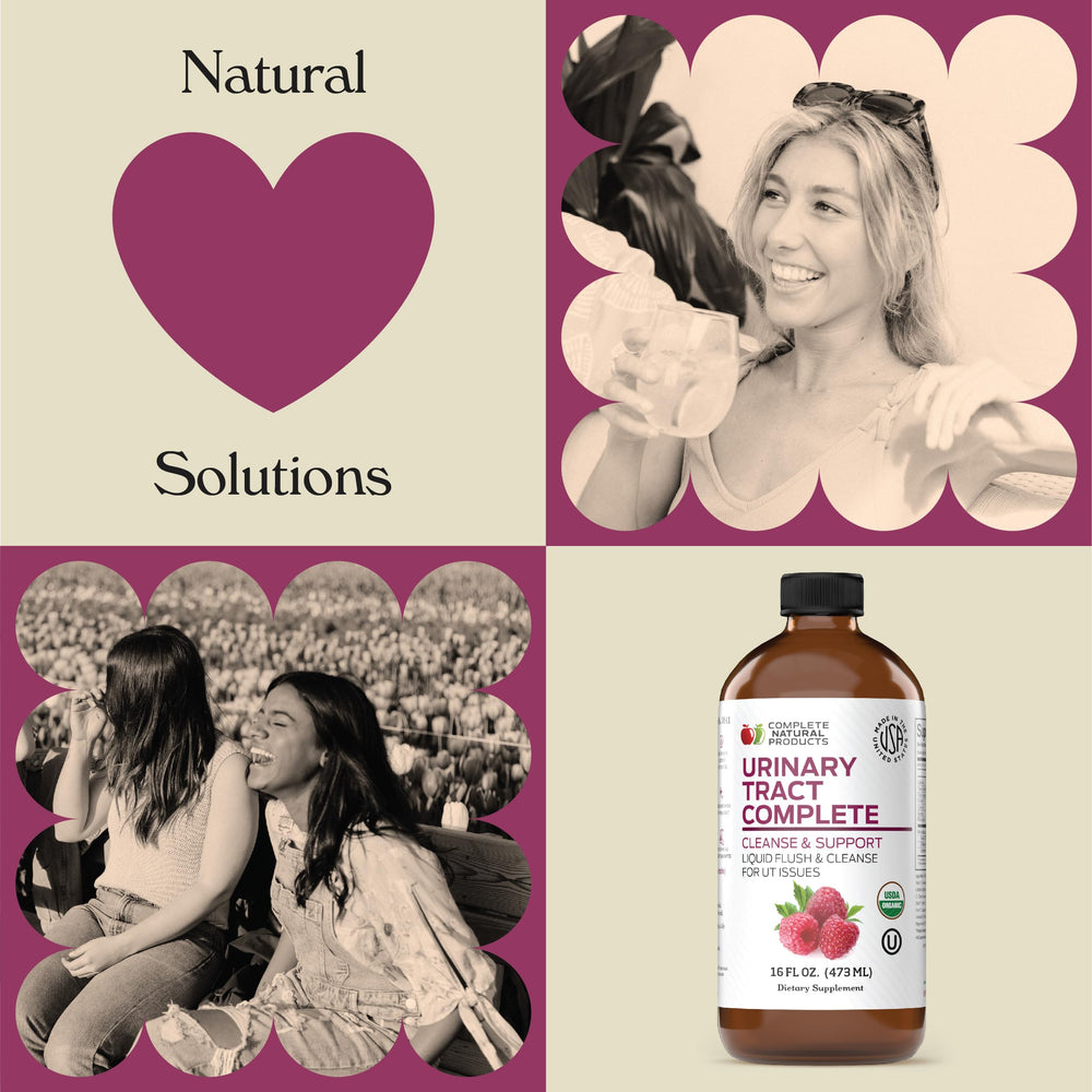Complete Natural Urinary Tract Complete ingredients visual highlights cranberry and herbs for daily support