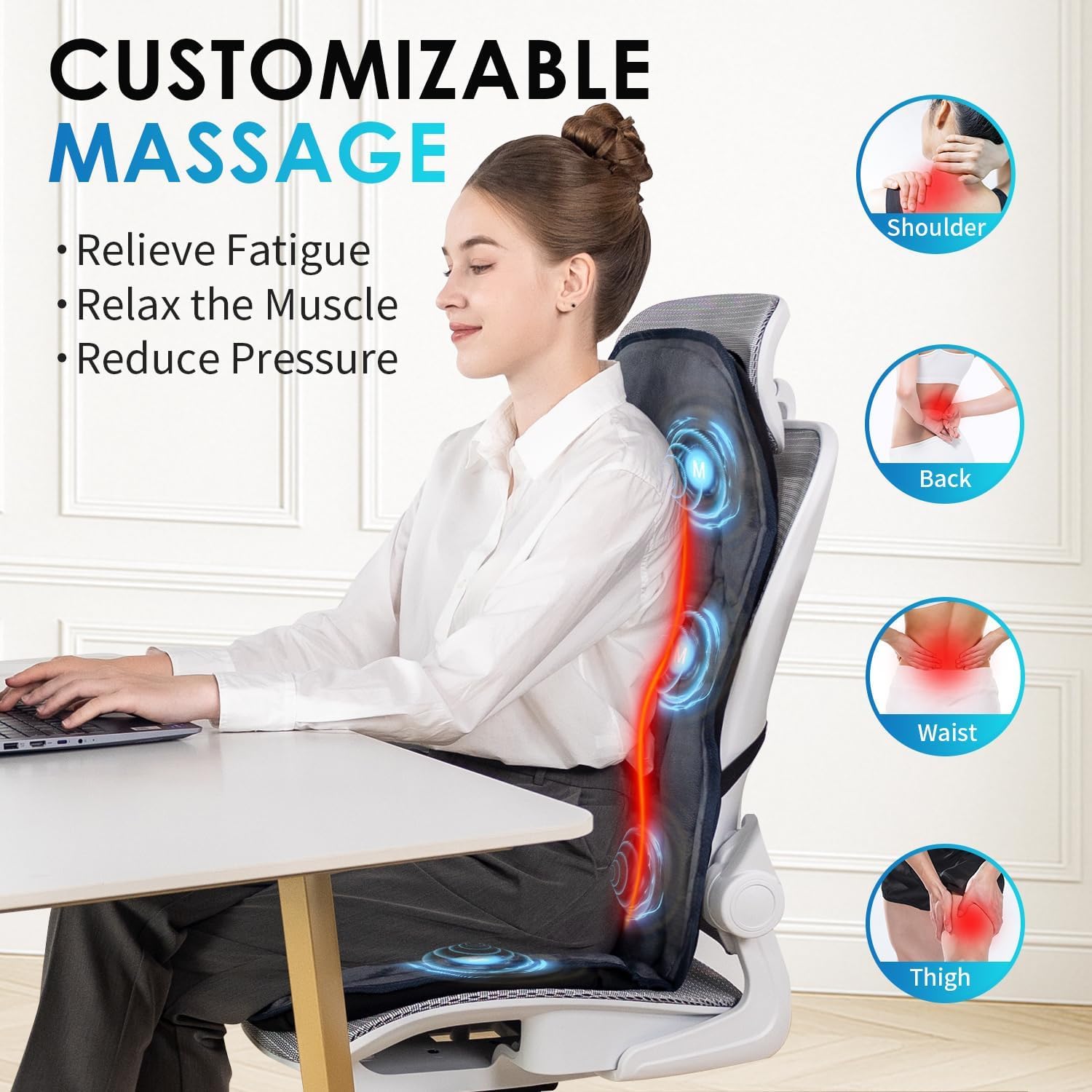 comrelax back massager heat levels showing two warmth options for comfort