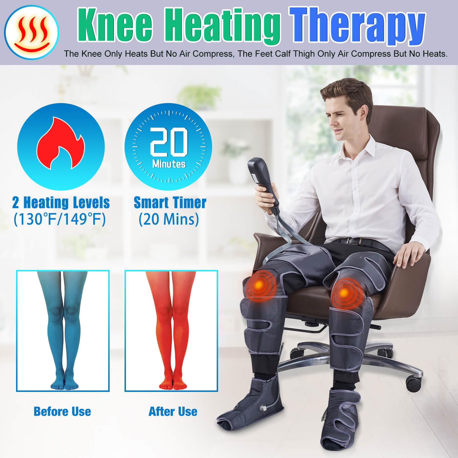 Comrelax leg massager on leg and calf position ready for soothing compression.