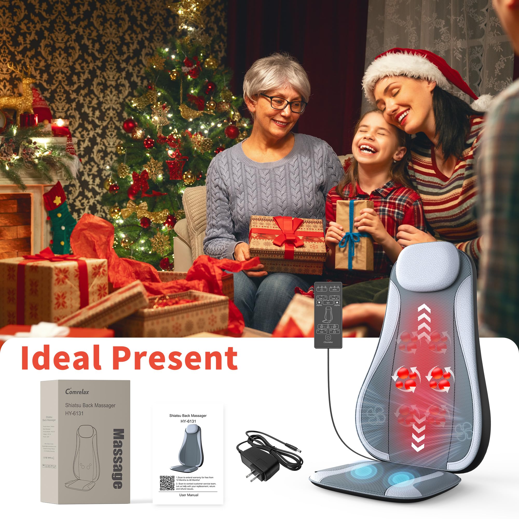 Comrelax massage cushion with premium leather and breathable mesh.