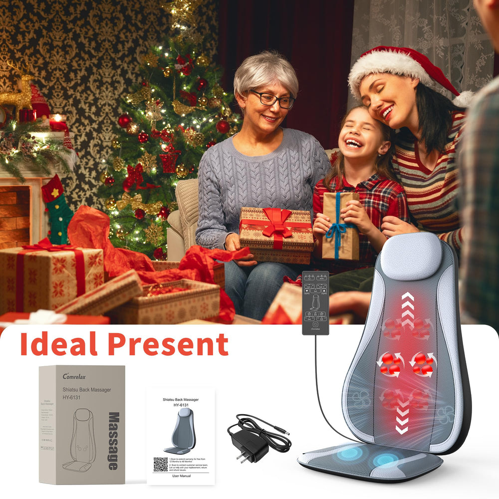 Comrelax massage cushion with premium leather and breathable mesh.