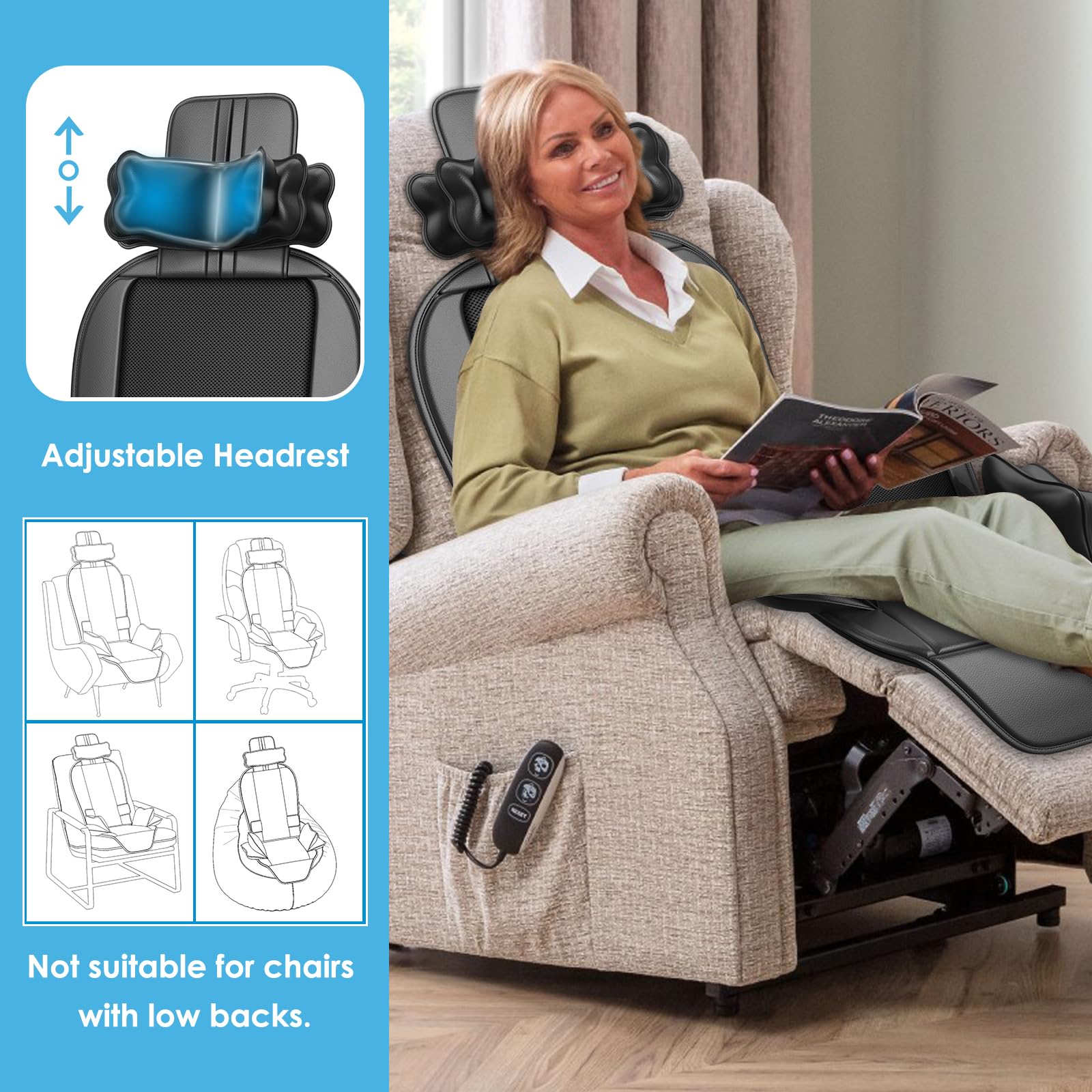 Comrelax seat pad with vibration motors enhances comfort at home or office.