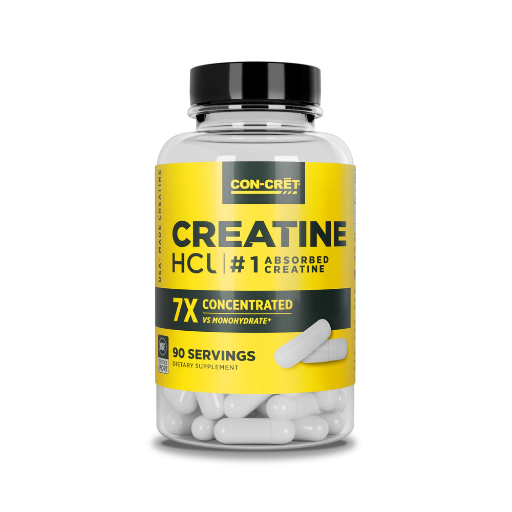 CON-CRET Creatine HCl capsules bottle front for daily energy support and quality