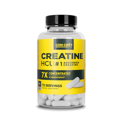 CON-CRET Creatine HCl capsules in a bottle support daily energy during workouts.