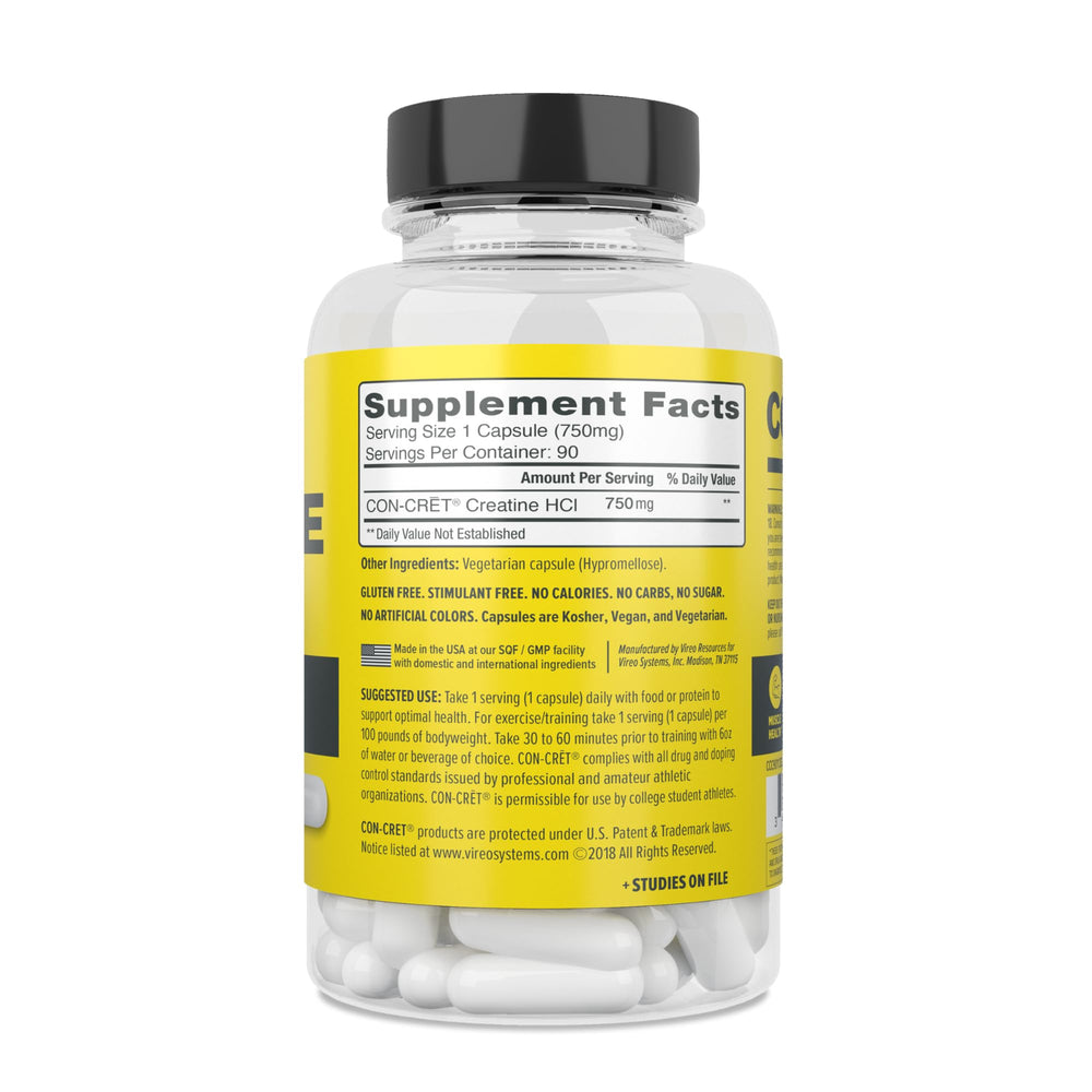 CON-CRET Creatine HCl capsules on gym bench ready for training sessions.