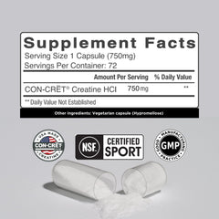 Close-up of CON-CRET Creatine HCl capsules being poured, highlighting easy, consistent dosing.