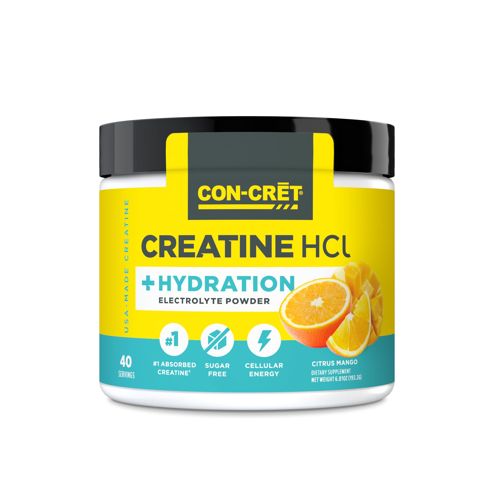 CON-CRET Creatine HCl + Hydration tub label highlights electrolytes and vitamins.