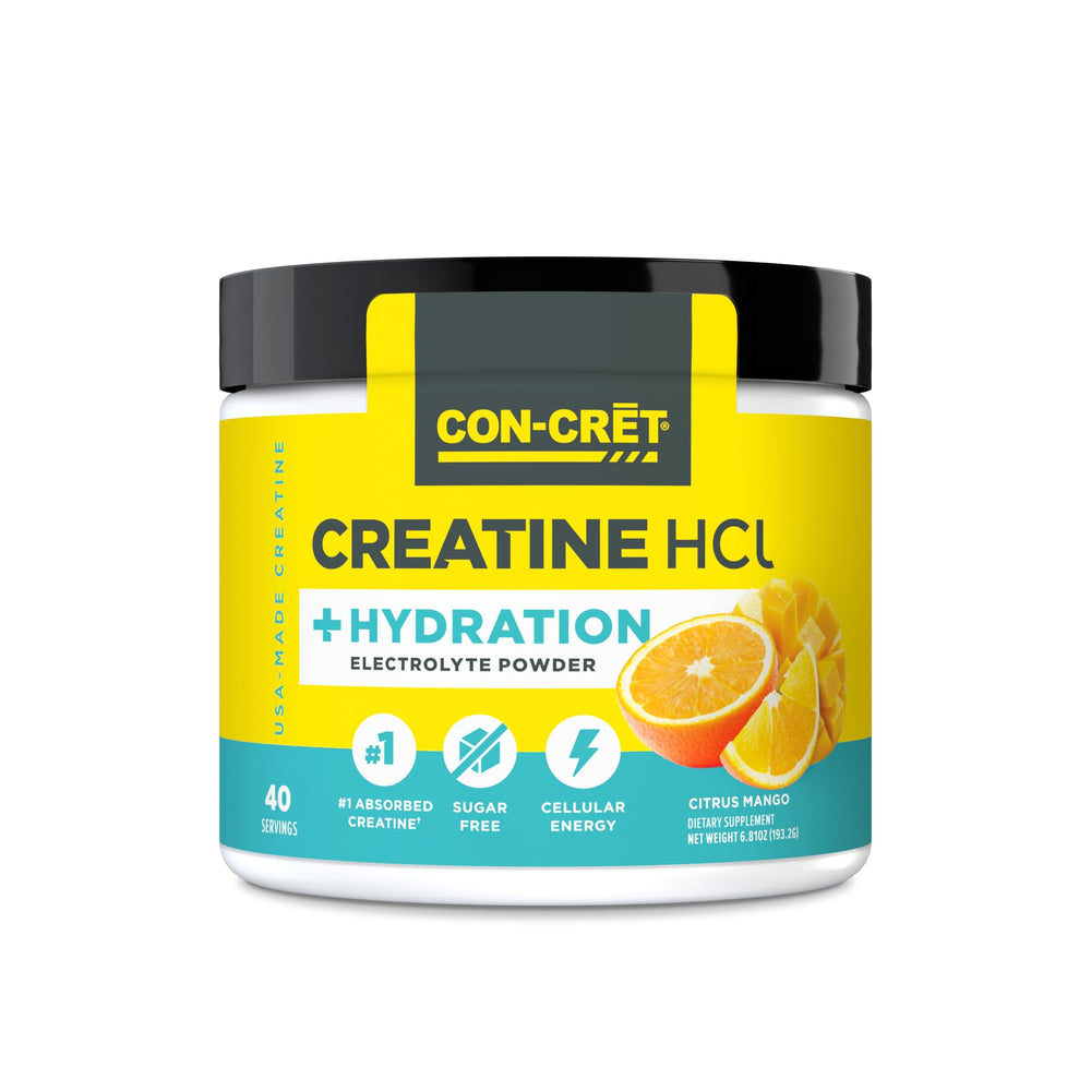 CON-CRET Creatine HCl + Hydration tub label highlights electrolytes and vitamins.