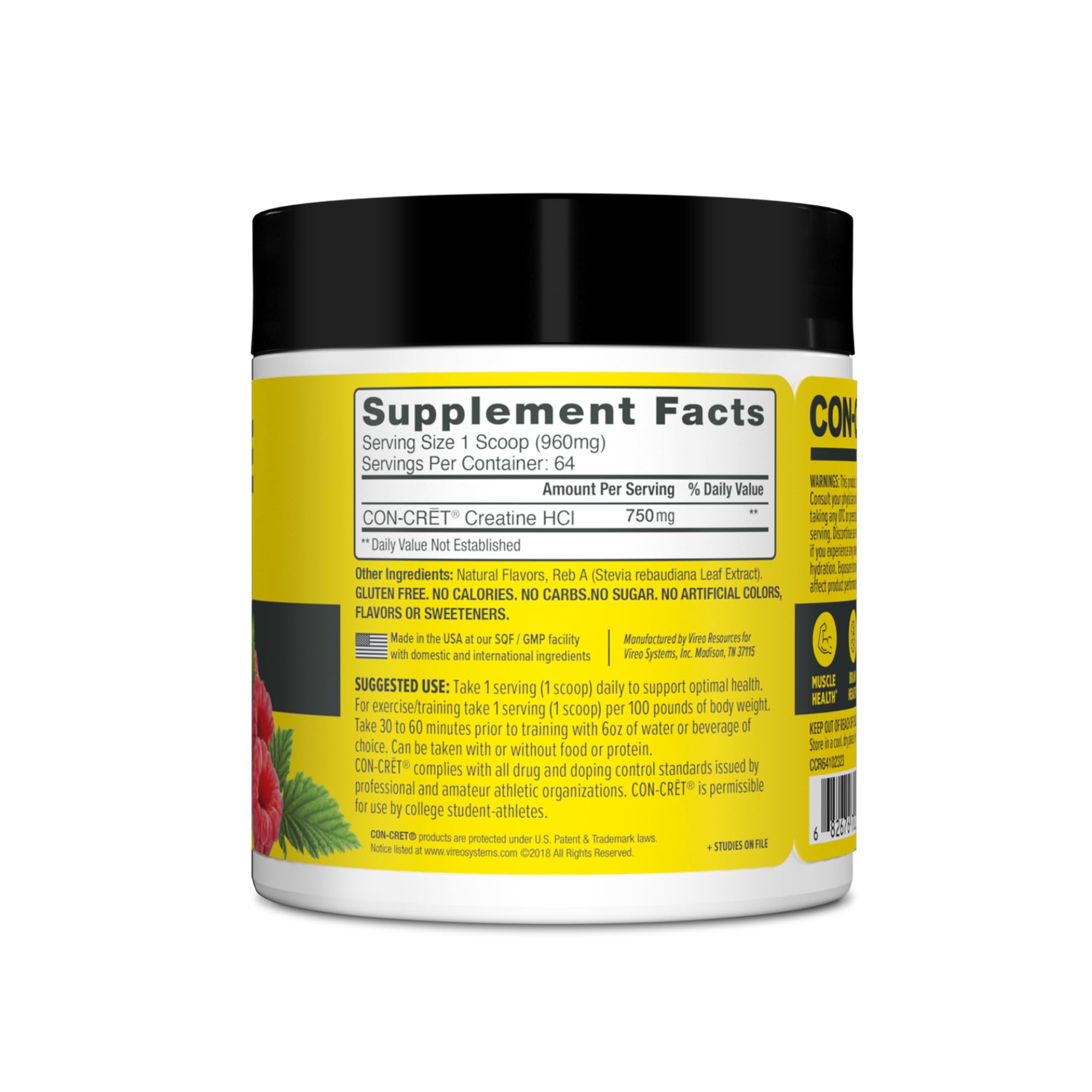 Nutrition label on CON-CRET Creatine HCl bottle emphasizes clarity and information.