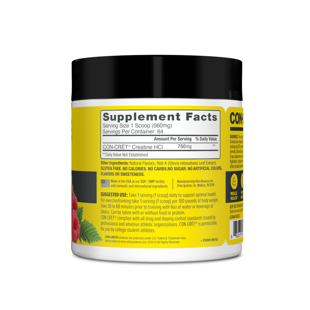 Nutrition label on CON-CRET Creatine HCl bottle emphasizes clarity and information.