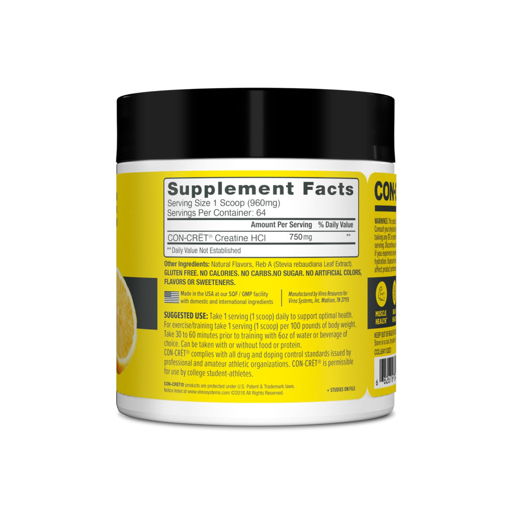 Cold beverage with CON-CRET Creatine HCl lemon-lime flavor after training.