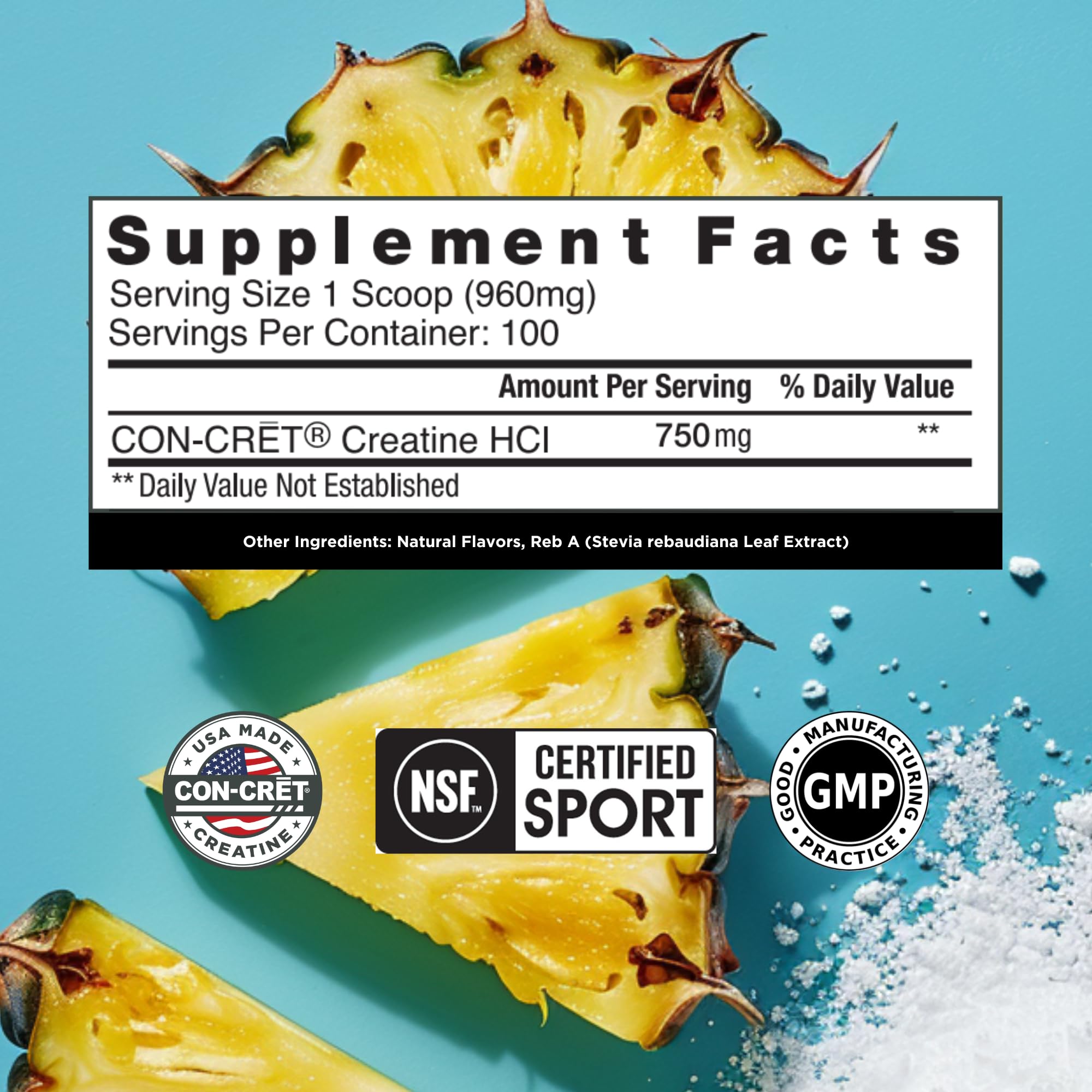 CON-CRET Creatine HCl pineapple tub front highlighting daily energy support.
