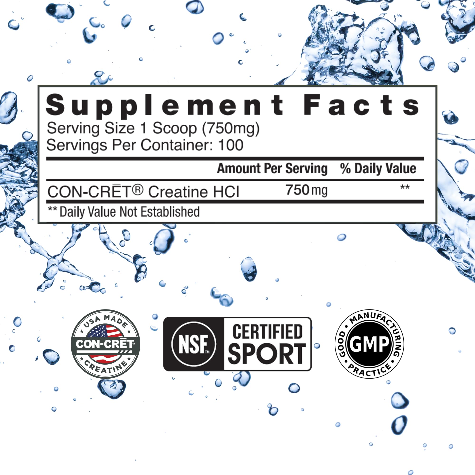 CON-CRET Creatine HCl powder dissolving in water shows smooth mix for quick intake.
