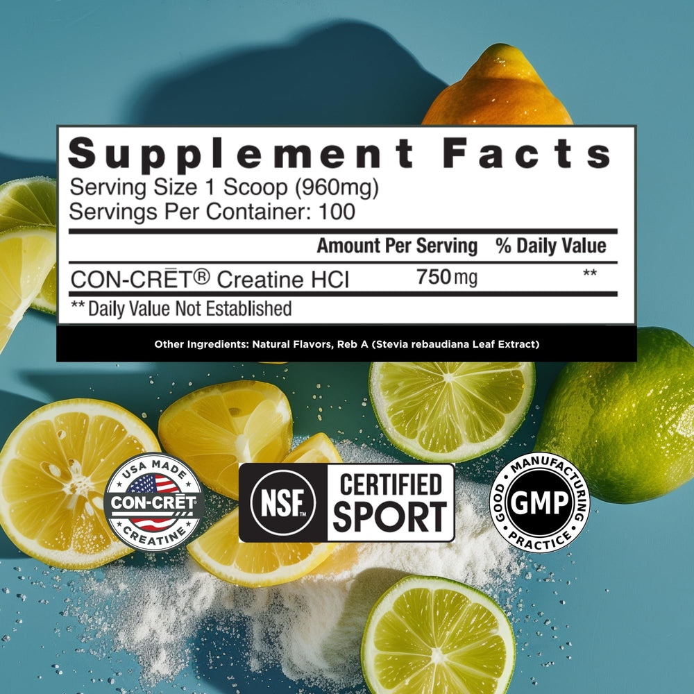 CON-CRET Creatine HCl powder dissolving in water for quick absorption.