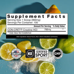 CON-CRET Creatine HCl powder dissolving in water for quick absorption.