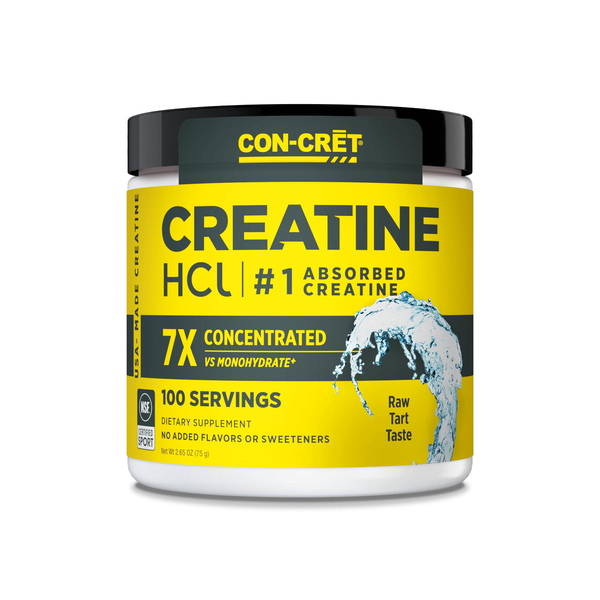 CON-CRET Creatine HCl powder in the jar label emphasizes premium USA-made quality for daily energy.