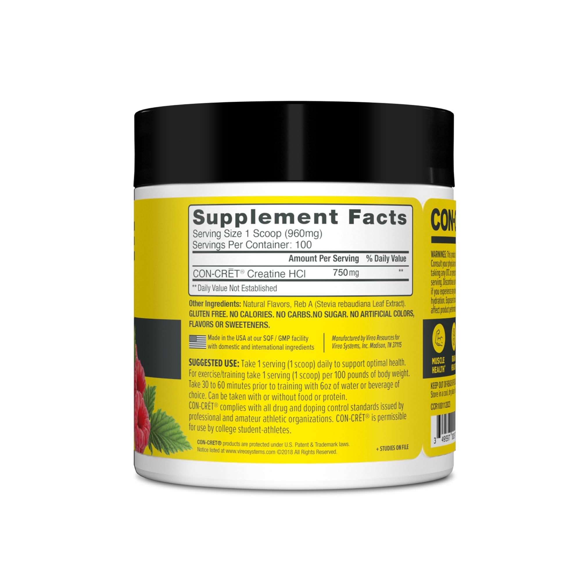Bottle of CON-CRET Creatine HCl Raspberry on a store shelf conveys reliability