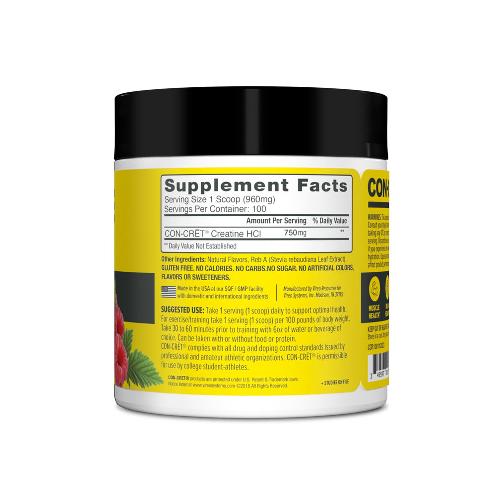 Bottle of CON-CRET Creatine HCl Raspberry on a store shelf conveys reliability
