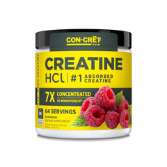 CON-CRET Creatine HCl Raspberry powder in tub ready for mixing and energy support.