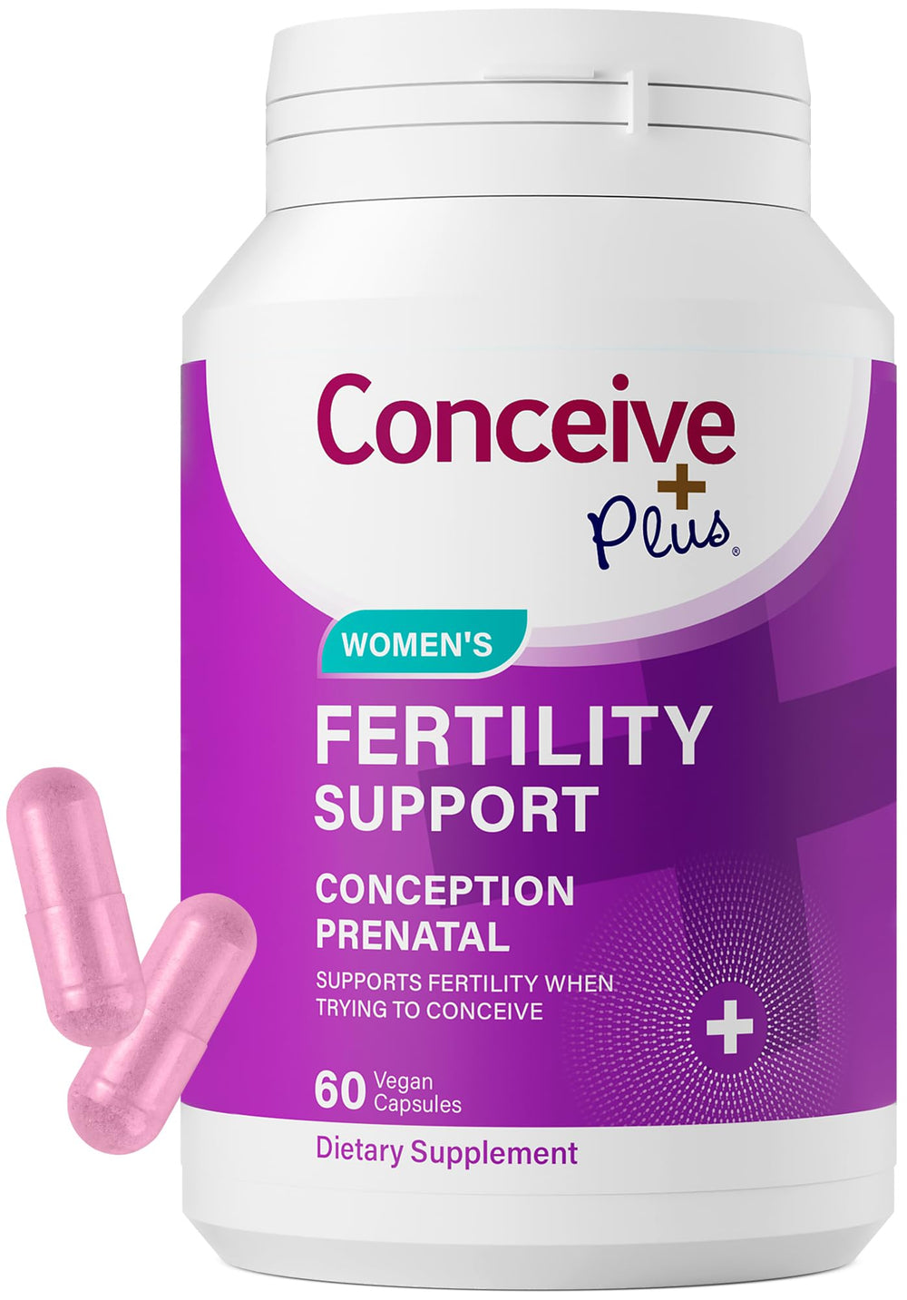 CONCEIVE PLUS Women's Fertility Support bottle highlights prenatal vitamins for hormonal balance.