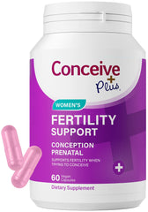CONCEIVE PLUS Women's Fertility Support bottle highlights prenatal vitamins for hormonal balance.