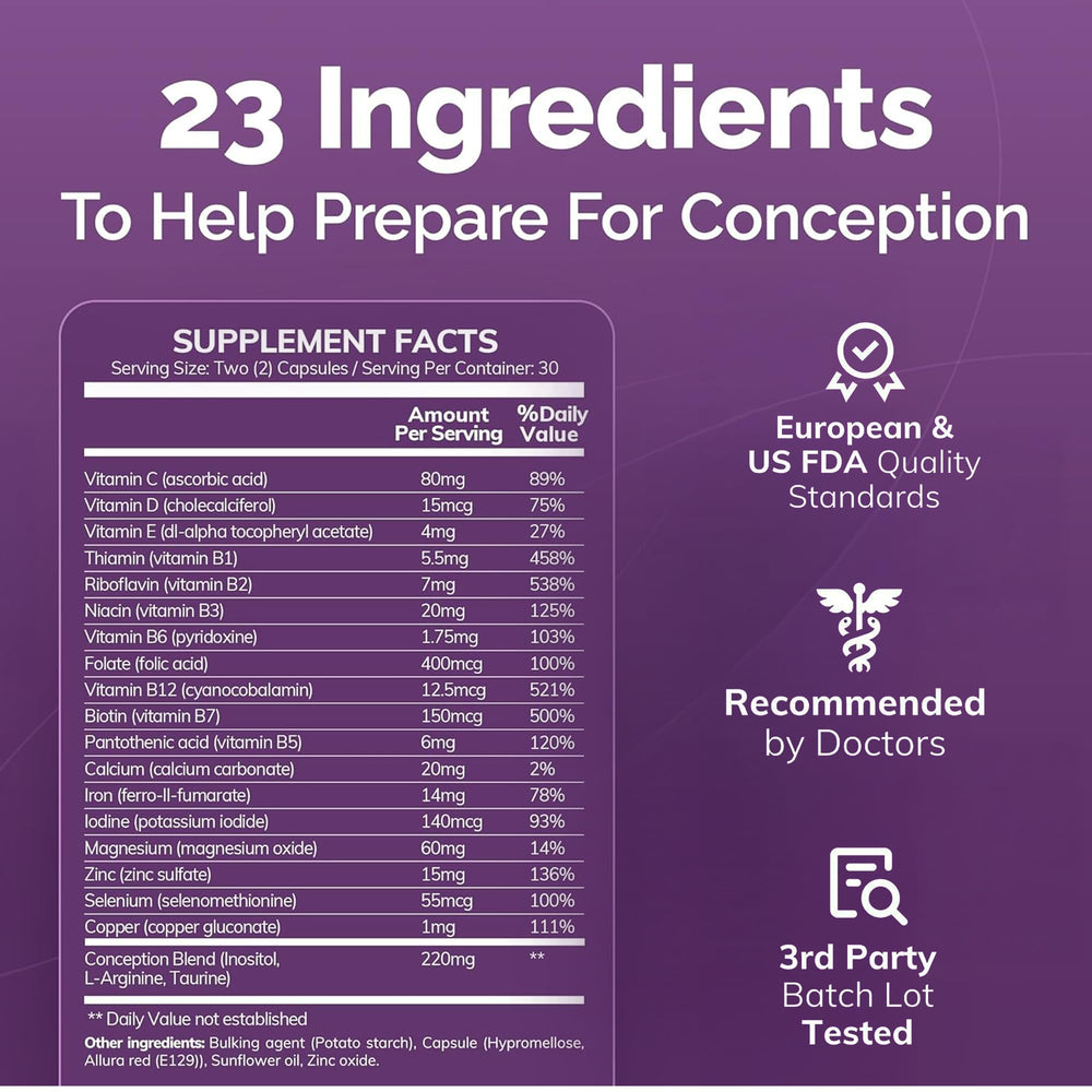 CONCEIVE PLUS ingredient panel shows B vitamins and minerals for preconception support.