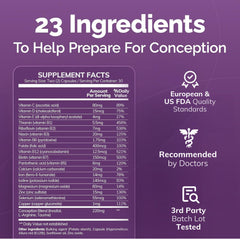 CONCEIVE PLUS ingredient panel shows B vitamins and minerals for preconception support.