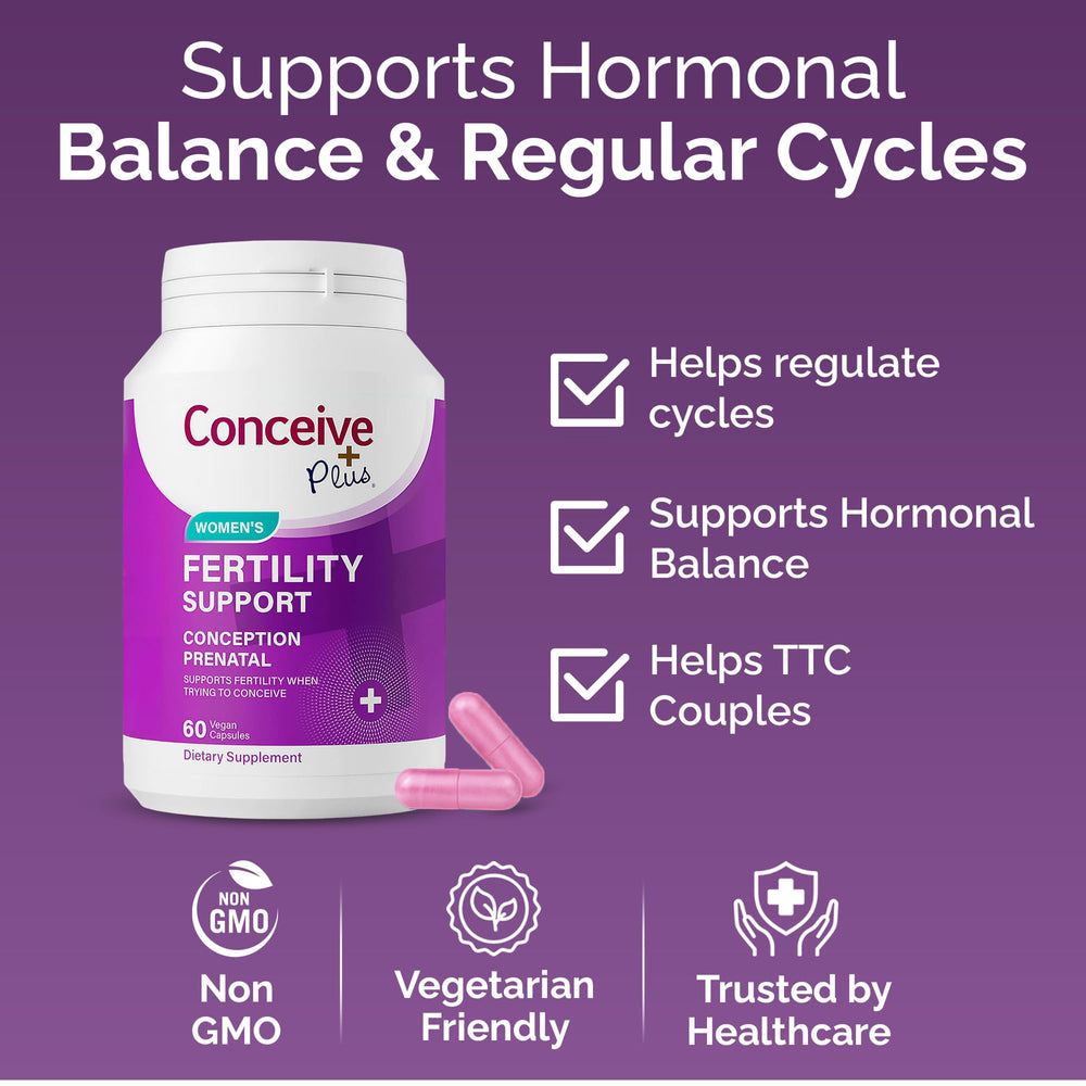 CONCEIVE PLUS label features vegan and non-GMO badges for clean ingredients.