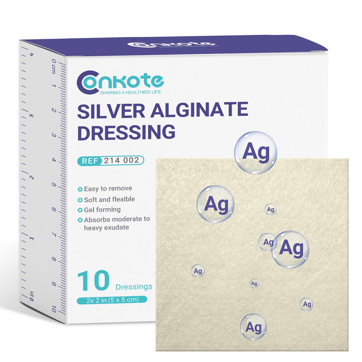 Conkote Silver Alginate Pad 2x2 pack showing strong exudate absorption