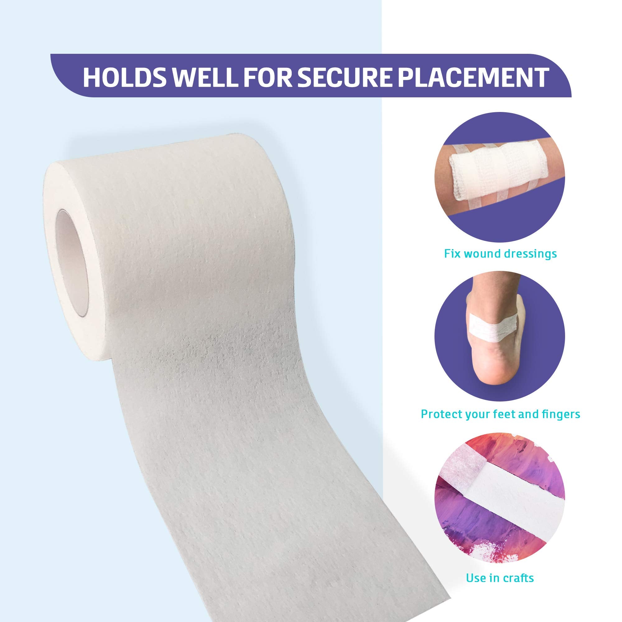 Soft-paper tape resting on skin during activity for stability.